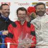 Franck Nivard (qui a gagné son quatrième Prix d'Amérique, avec Bold Eagle) entre Björn Goop et Pierre Vercruysse - La 95ème édition du Prix d'Amérique Opodo à l'Hippodrome de Paris-Vincennes, le 31 janvier 2016. © Guirec Coadic/Bestimage