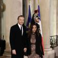Le DJ David Guetta et sa compagne Jessica Ledon arrivent au dîner d'état donné en l'honneur du président cubain Raul Castro au palais de l'Elysée à Paris, le 1er février 2016. ©Stéphane Lemouton/Bestimage