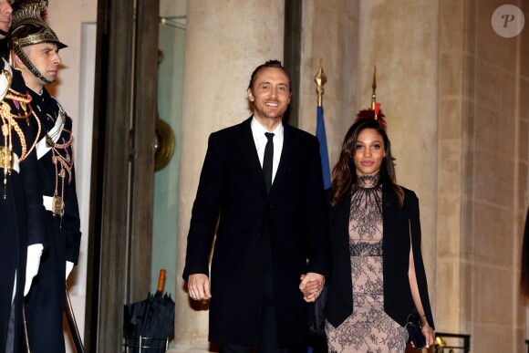 David Guetta et Jessica Ledon au dîner d'état donné en l'honneur du président cubain Raul Castro au palais de l'Elysée à Paris, le 1er février 2016.