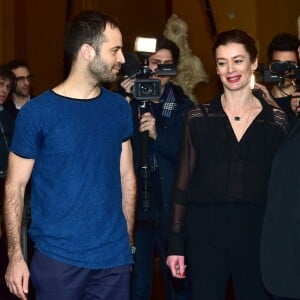 Stéphane Lissner, directeur de l'Opéra de Paris, Benjamin Millepied et Aurélie Dupont, nouvelle directrice de la danse - Conférence de presse à l'Opéra Garnier de Paris, le 4 février 2016, après l'annonce du départ de Benjamin Millepied.