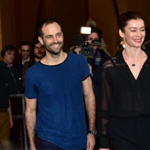 Stéphane Lissner, directeur de l'Opéra de Paris, Benjamin Millepied et Aurélie Dupont, nouvelle directrice de la danse - Conférence de presse à l'Opéra Garnier de Paris, le 4 février 2016, après l'annonce du départ de Benjamin Millepied.