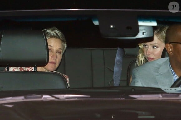 Ellen DeGeneres, Portia de Rossi arrivant au mariage de Liberty Ross et Jimmy Iovine, le jour de la Saint Valentin, à Beverly Hills, le 14 février 2016.