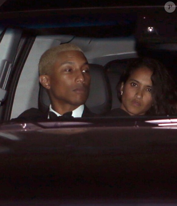 Pharrell Williams et sa femme Helen Lasichanh arrivant au mariage de Liberty Ross et Jimmy Iovine, le jour de la Saint Valentin, à Beverly Hills, le 14 février 2016.