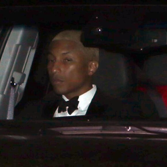 Pharrell Williams et sa femme Helen Lasichanh arrivant au mariage de Liberty Ross et Jimmy Iovine, le jour de la Saint Valentin, à Beverly Hills, le 14 février 2016.