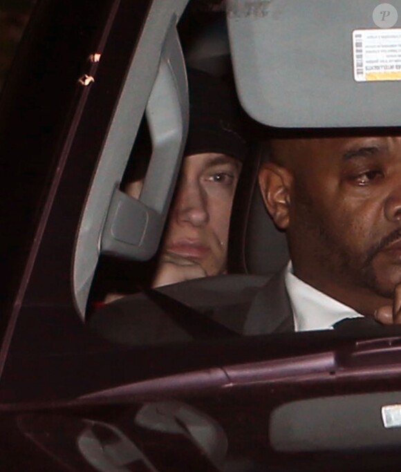 Le chanteur Eminem arrivant au mariage de Liberty Ross et Jimmy Iovine, le jour de la Saint Valentin, à Beverly Hills, le 14 février 2016.