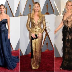 Trois bombes sexy et glamour aux Oscars 2016 : Sofia Vergara (robe Marchesa), Margot Robbie (robe Tom Ford) et Jennifer Lawrence (robe Dior)
