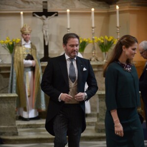 La princesse Madeleine et Christopher O'Neill lors d'une messe de Te Deum célébrée le 3 mars 2016 en la chapelle du palais royal Drottningholm à Stockholm suite à la naissance du prince Oscar Carl Olof, duc de Scanie, deuxième enfant de la princesse Victoria et du prince Daniel.