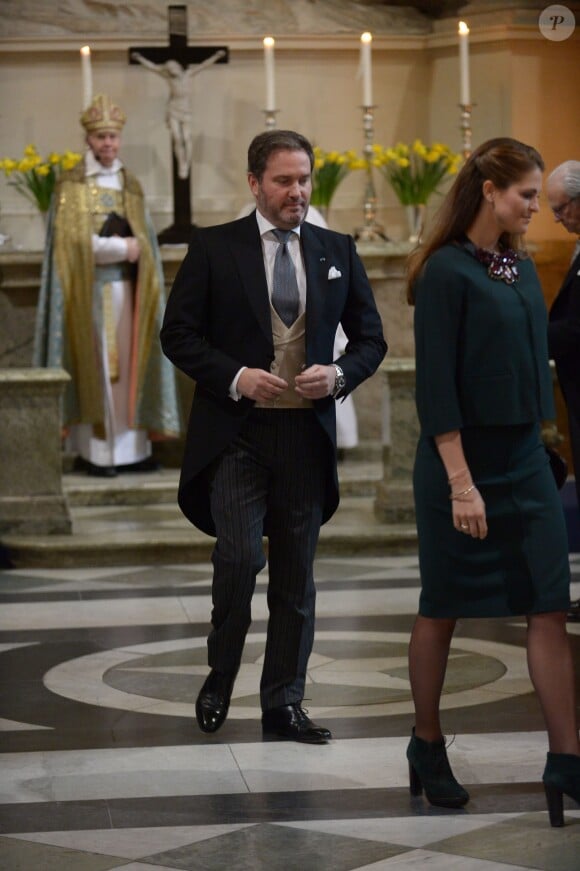 La princesse Madeleine et Christopher O'Neill lors d'une messe de Te Deum célébrée le 3 mars 2016 en la chapelle du palais royal Drottningholm à Stockholm suite à la naissance du prince Oscar Carl Olof, duc de Scanie, deuxième enfant de la princesse Victoria et du prince Daniel.