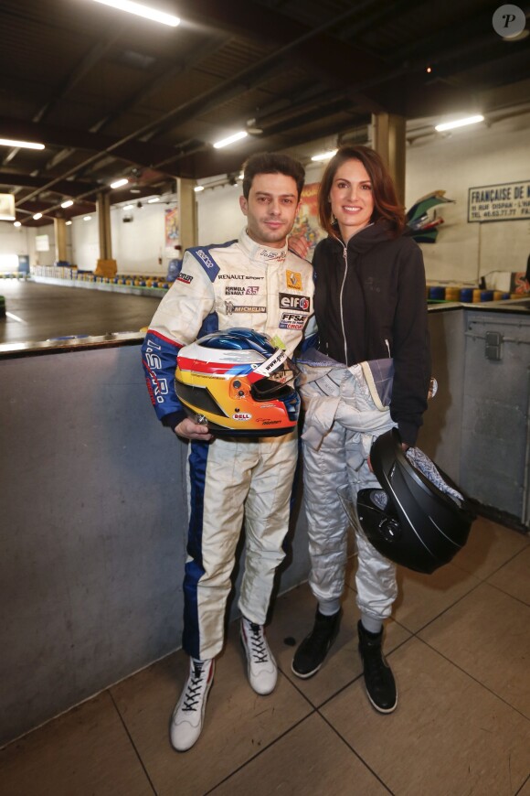 Lætitia Bléger et Grégory Bakian, lors de l'opération Une course pour la vie, manifestation de karting au profit de l'Association Gregory Lemarchal, à Wissous, le 6 mars 2016. © Philippe Doignon