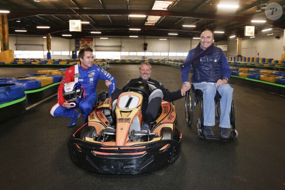 Michel Disdier, Christophe Kulikowski et Philippe Streiff, lors de l'opération Une course pour la vie, manifestation de karting au profit de l'Association Gregory Lemarchal, à Wissous, le 6 mars 2016. © Philippe Doignon