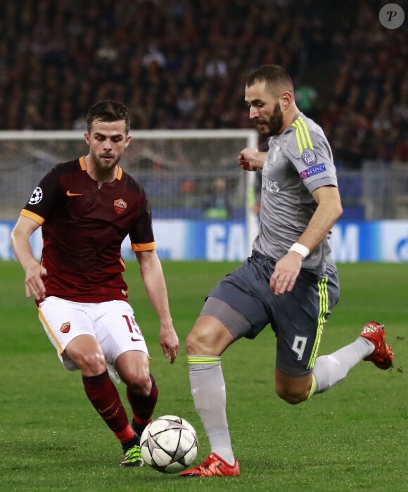 Karim Benzema - Match de football AS Roma contre le Real de Madrid à Rome le 17 février 2016.