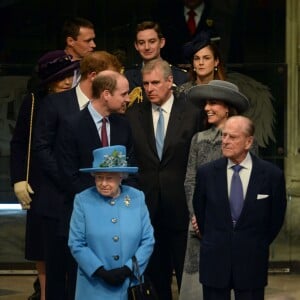 La reine Elizabeth II, le prince Philip, le prince William, Kate Middleton, le prince Harry et prince Andrew en à l'abbaye de Westminster, le 14 mars 2016, pour le service du Commonwealth Day.