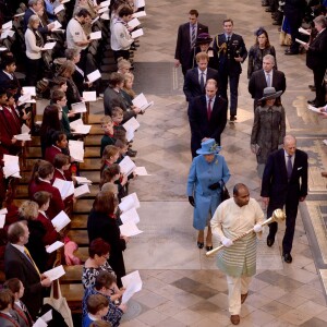 La reine Elizabeth II, le prince Philip, le prince William, Kate Middleton, le prince Harry et le prince Andrew ont pris part le 14 mars 2016 au service religieux célébré en l'abbaye de Westminster pour le Commonwealth Day.