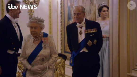 Elizabeth II, le prince Philip, la duchesse Catherine de Cambridge. Image extraite du documentaire Our Queen At Ninety, production Oxford Film & Television que diffusera la chaîne ITV le 27 mars à l'occasion des 90 ans de la reine Elizabeth II.
