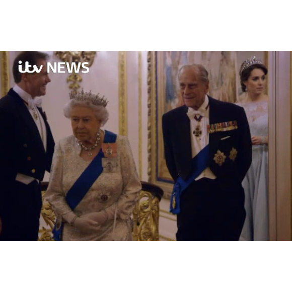 Elizabeth II, le prince Philip, la duchesse Catherine de Cambridge. Image extraite du documentaire Our Queen At Ninety, production Oxford Film & Television que diffusera la chaîne ITV le 27 mars à l'occasion des 90 ans de la reine Elizabeth II.