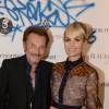 Exclusif - Johnny Hallyday et sa femme Laeticia Hallyday - Le joaillier Aaron Jah Stone et l'artiste Kongo ont présenté une nouvelle collection qui allie Street Art et Joaillerie chez Montaigne Market à Paris le 4 mars 2016.