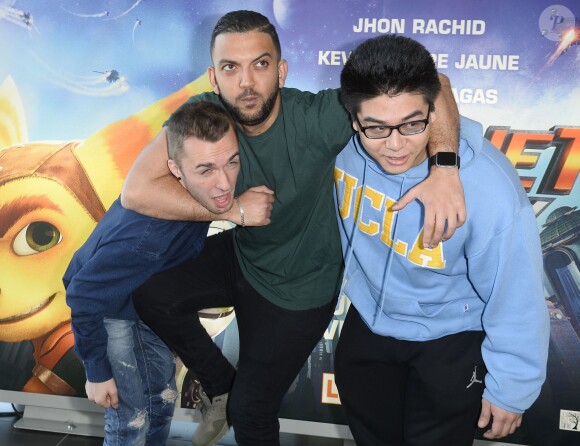 Squeezie, Jhon Rachid et Kevin Tran à l'avant-première du film "Ratchet et Clank" au cinéma MK2 Bibliothèque à Paris le 3 avril 2016. © Guirec Coadic / Bestimage