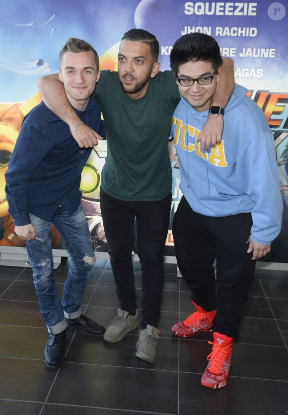 Squeezie, Jhon Rachid et Kevin Tran à l'avant-première du film "Ratchet et Clank" au cinéma MK2 Bibliothèque à Paris le 3 avril 2016. © Guirec Coadic / Bestimage