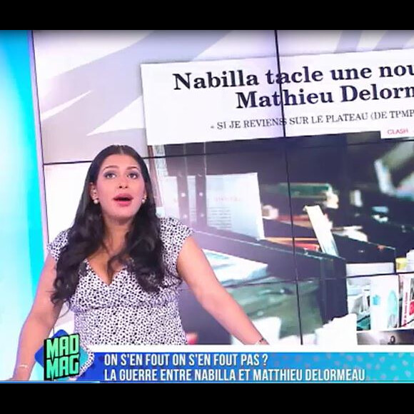 Nabilla Benattia pas défendue par Ayem Nour dans la guerre qui l'oppose à Matthieu Delormeau dans le Mad Mag de NRJ12, le 13 avril 2016