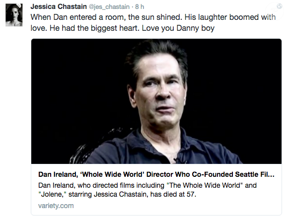 Jessica Chastain a fait part de son chagrin en apprenant la mort à 57 ans de Dan Ireland, réalisateur canadien qui l'a révélée dans Jolene.