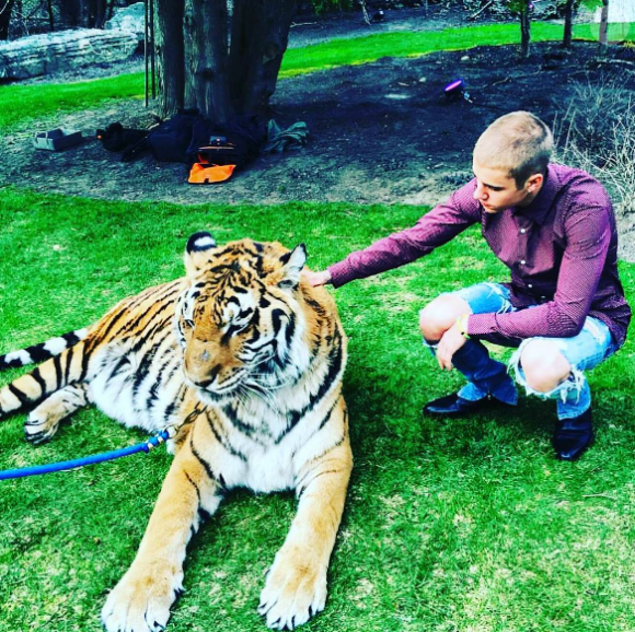 Alex Haditaghi a publié sur sa page Instagram une photo de Justin Bieber en train de caresser un tigre du Bengale en laisse dans un jardin lors de la fête des fiançailles de son père. Mai 2016