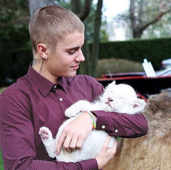 Justin Bieber s'amuse avec un bébé lion lors de la fête de fiançailles de son père. Photo publiée sur Instagram en mai 2016