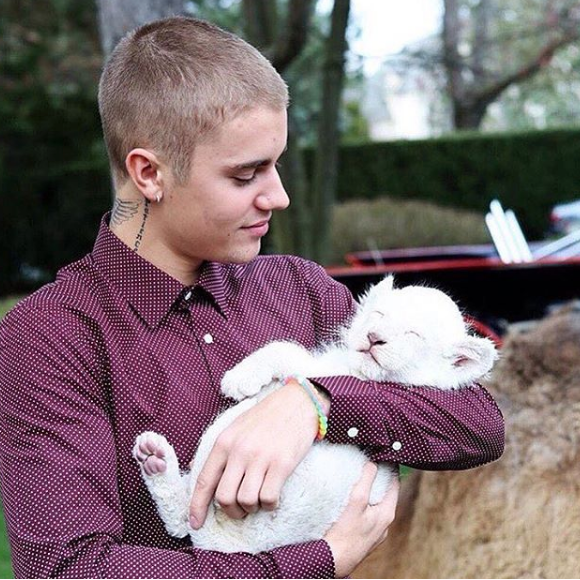 Justin Bieber s'amuse avec un bébé lion lors de la fête de fiançailles de son père. Photo publiée sur Instagram en mai 2016
