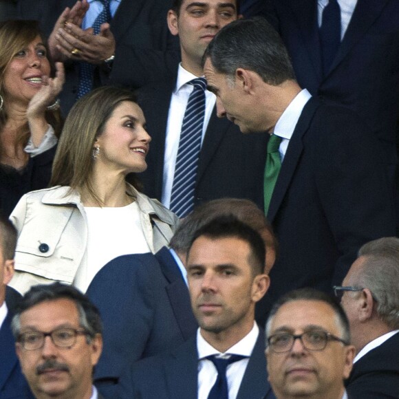Letizia et Felipe VI d'Espagne lors de la finale de la Coupe du Roi au stade Vicente Calderon à Madrid le 22 mai 2016, entre le FC Barcelone et le FC Séville. © Future-Image via Bestimage