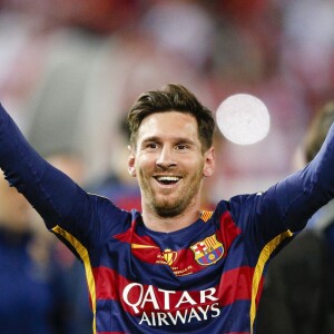 Lionel Messi au terme de la victoire du Barça (2-0 après prolongations) lors de la finale de la Coupe du Roi entre le FC Barcelone et le FC Séville à Vicente Calderon à Madrid en Espagne le 22 mai 2016.