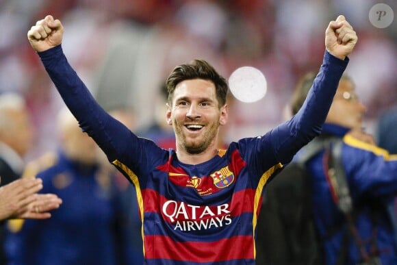 Lionel Messi au terme de la victoire du Barça (2-0 après prolongations) lors de la finale de la Coupe du Roi entre le FC Barcelone et le FC Séville à Vicente Calderon à Madrid en Espagne le 22 mai 2016.