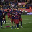 Luis Suarez, Lionel Messi, Neymar lors de la victoire du Barça (2-0 après prolongations) en finale de la Coupe du Roi face au FC Séville à Vicente Calderon à Madrid en Espagne le 22 mai 2016.