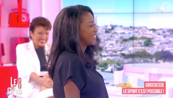 Hapsatou Sy s'essaie aux exercices de gymnastique pour femmes enceintes. Le 23 mai 2016 dans "Le Grand 8" sur D8.