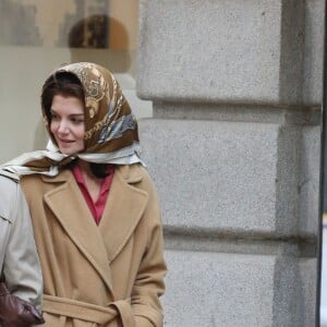 Exclusif - Katie Holmes dans le rôle de Jackie Kennedy sur le tournage de The Kennedys à Toronto avec Serge Houde dans le rôle de Maurice Tempelsman. Le 11 mai 2016 © CPA/Bestimage