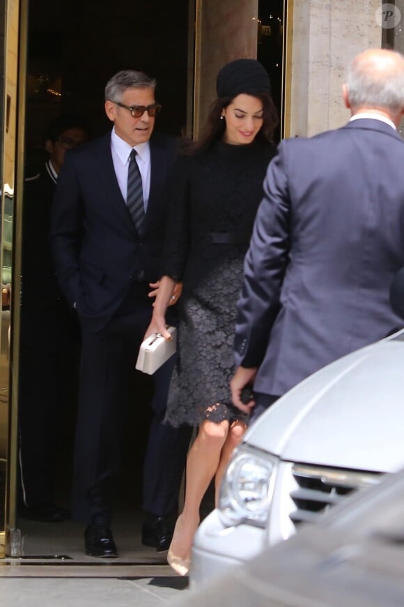 George Clooney et sa femme Amal Alamuddin à la sortie de leur hôtel à Rome,le 29 mai 2016