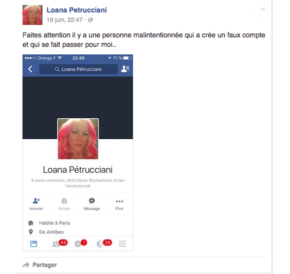Loana a été victime d'une usurpation d'identité sur Facebook. Elle dénonce. Juin 2016.