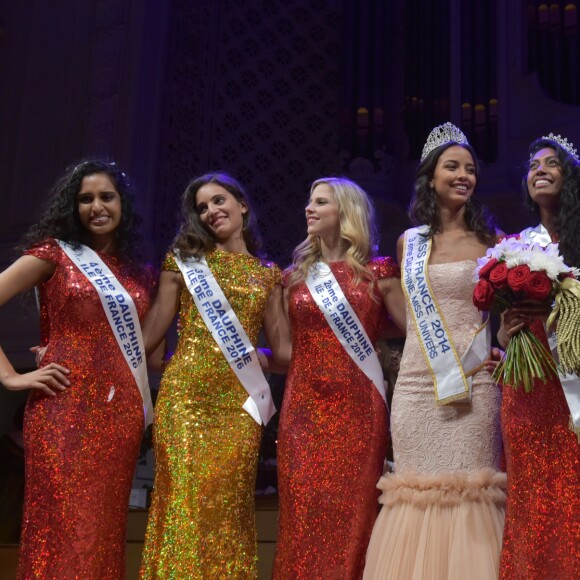 Exclusif - Les dauphines Miss Ile-de-France 20016, Flora Coquerel, Miss France 2014, Miss Ile-de-France 2016, Meggy Pyaneeandee, représentera la région capitale à l'élection de miss France et Fanny Harcaut , Miss Ile-de-France 2015 - Election de Miss Ile-de-France 2016 dans la salle Gaveau à Paris, France, le 29 juin 2016. © Giancarlo Gorassini/Besimage