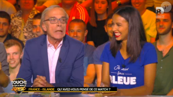 Flora Coquerel et la blague coquine de Dominique Grimault dans "Touche pas à mon sport" sur D8, le 4 juillet 2016.