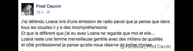 Fred Cauvin, ex-compagnon de Loana, s'exprime sur son compte Facebook. Le 7 juillet 2016.