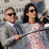 George Clooney et sa femme Amal Alamuddin quittent l'hôtel Aman, où ils ont passé leur nuit de noces à Venise, le 28 septembre 2014