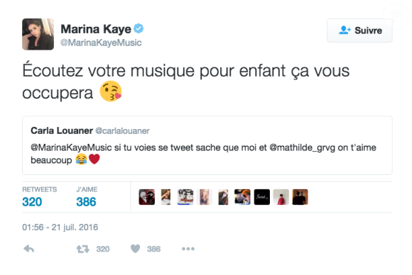 Marina Kaye dénigre Louane Emera sur Twitter, grossière erreur ! Le 21 juillet 2016.