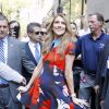 Céline Dion pose pour les photographes lorsqu'elle sort des studios de la NBC à New York. Le 21 juillet 2016