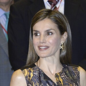 La reine Letizia d'Espagne (robe, sandales et sac Hugo Boss) a pris part le 27 juillet 2016 à la réunion annuelle des directeurs de centres de l'Institut Cervantes à Madrid.