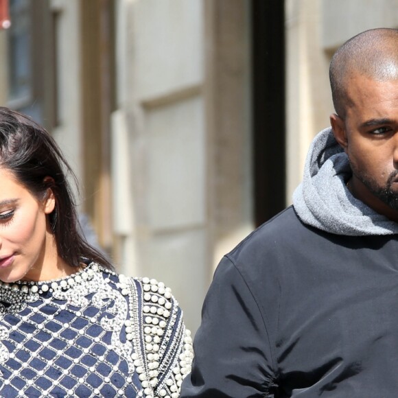 Kim Kardashian et Kanye West sortant de chez Balmain, le 14 avril 2014 à Paris