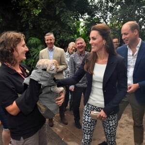 Kate Middleton et le prince William face à un dinosaure de l'animation estivale de l'Eden Project, un complexe environnemental en Cornouailles, lors de leur visite le 2 septembre 2016.