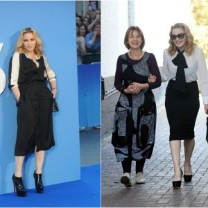 À gauche : Madonna à la première de "The Beatles: Eight Days A Week (The Touring Years)" au cinéma Odeon à Leicester Square à Londres, le 15 septembre 2016 © Ferdaus Shamim via Zuma/Bestimage. À Droite : Elle visite l'école de son fils Rocco à Londres le 13 septembre 2016.  