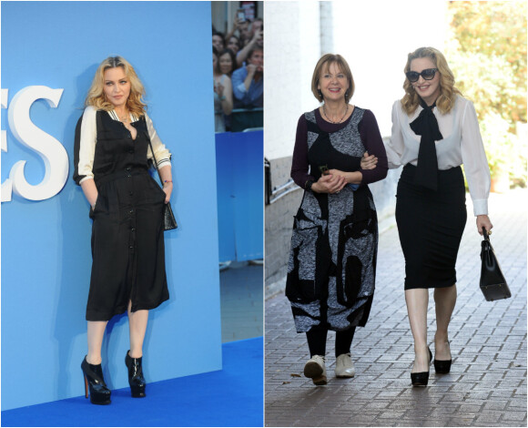 À gauche : Madonna à la première de "The Beatles: Eight Days A Week (The Touring Years)" au cinéma Odeon à Leicester Square à Londres, le 15 septembre 2016 © Ferdaus Shamim via Zuma/Bestimage. À Droite : Elle visite l'école de son fils Rocco à Londres le 13 septembre 2016.  
