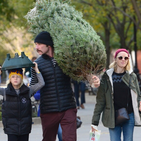 Liev Schreiber et Naomi Watts en compagnie de leurs deux fils et de leur chien ont acheté un sapin de noël New York, Le 27 Novembre 2015