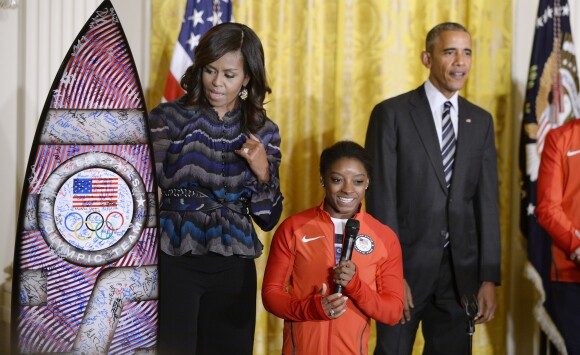 Barack Obama, Simone Biles, Michelle Obama, le 29 septembre à la Maison Blanche.