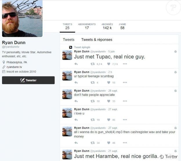 Capture d'écran du compte Twitter de Ryan Dunn