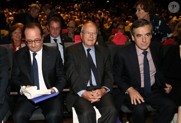 Exclusif - François Hollande, Marc Ladreit de Lacharrière, François Fillon - Soirée du 10ème anniversaire de la Fondation Culture & Diversité à la Salle Pleyel à Paris le 3 octobre 2016. La Fondation Culture & Diversité a pour mission de favoriser l'accès des jeunes issus de l’éducation prioritaire aux arts et à la culture. © Dominique Jacovides/Bestimage